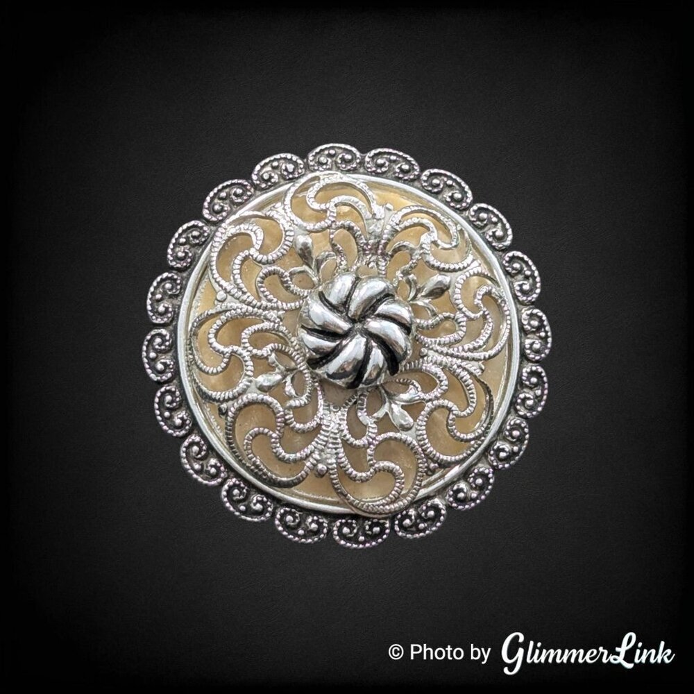Vtg 60s West Germany Cream Silver Tone Filigree Scarf Clip Dress Clip 18$